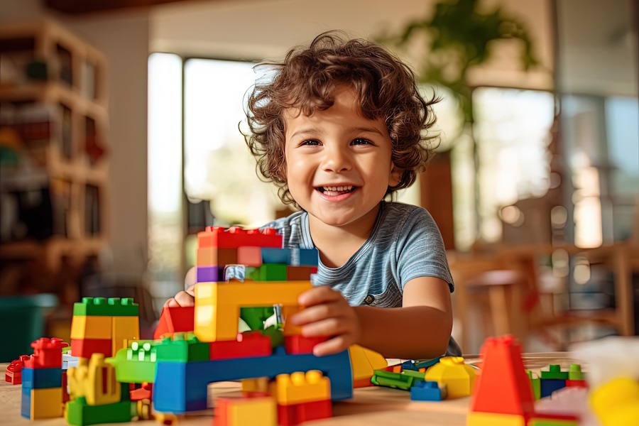 young kid playing with blocks at home, ai generated