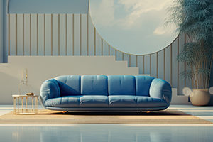 Vardagsrum med blå soffa